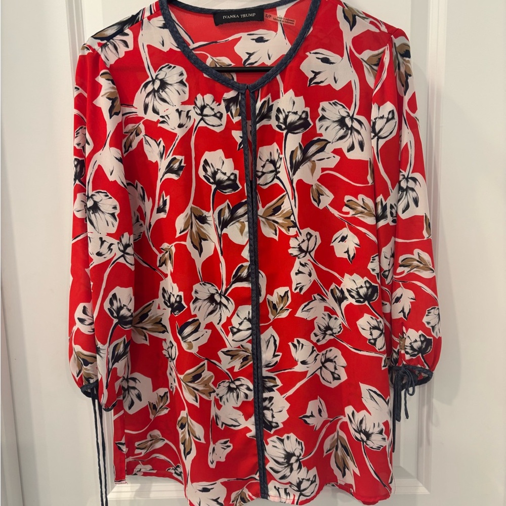 Ivanka Trump Red Buttoned Blouse with Mandarin Collar